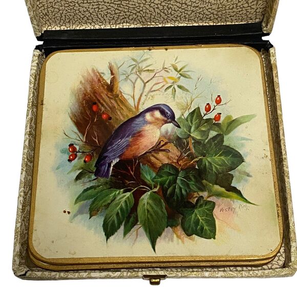 Vintage WIN-EL-WARE 6 Coasters 6" x 6" with Box - Artist Vestey Rich BIRDS - Picture 6 of 14
